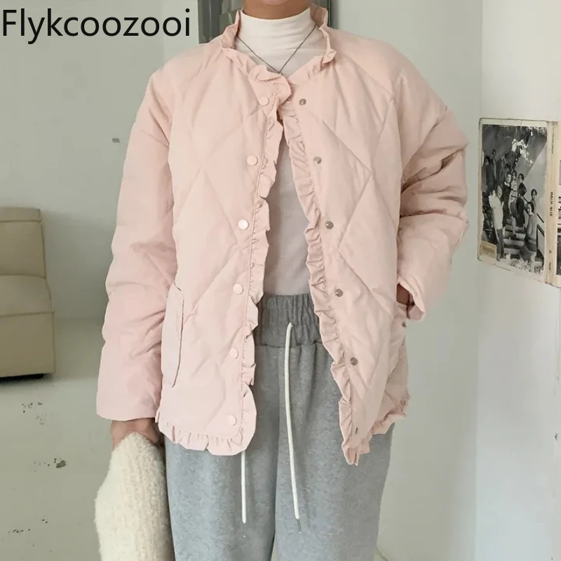 Korean Version of Winter Sweet and Gentle Fungus-edged Rhombus Single-breasted Simple Cotton Coat for Women Winter Jackets