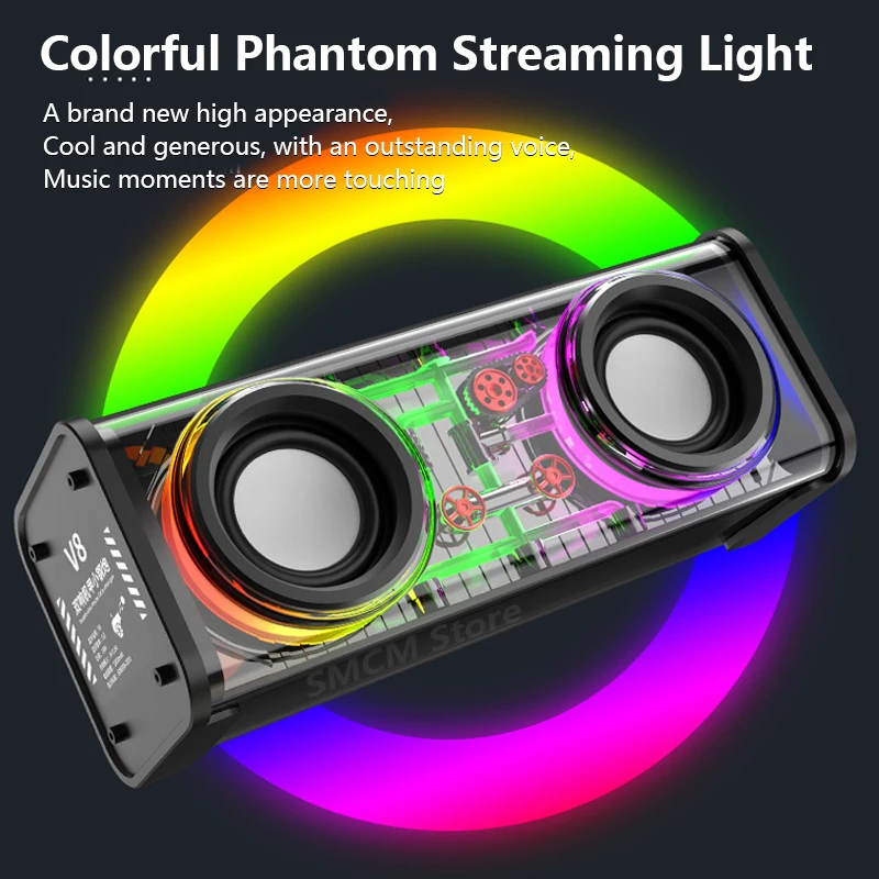 Dual-horn Transparent Mecha Mini Portable Wireless Bluetooth Speakers Outdoor Subwoofer TWS Small Steel Cannon RGB Color Lights