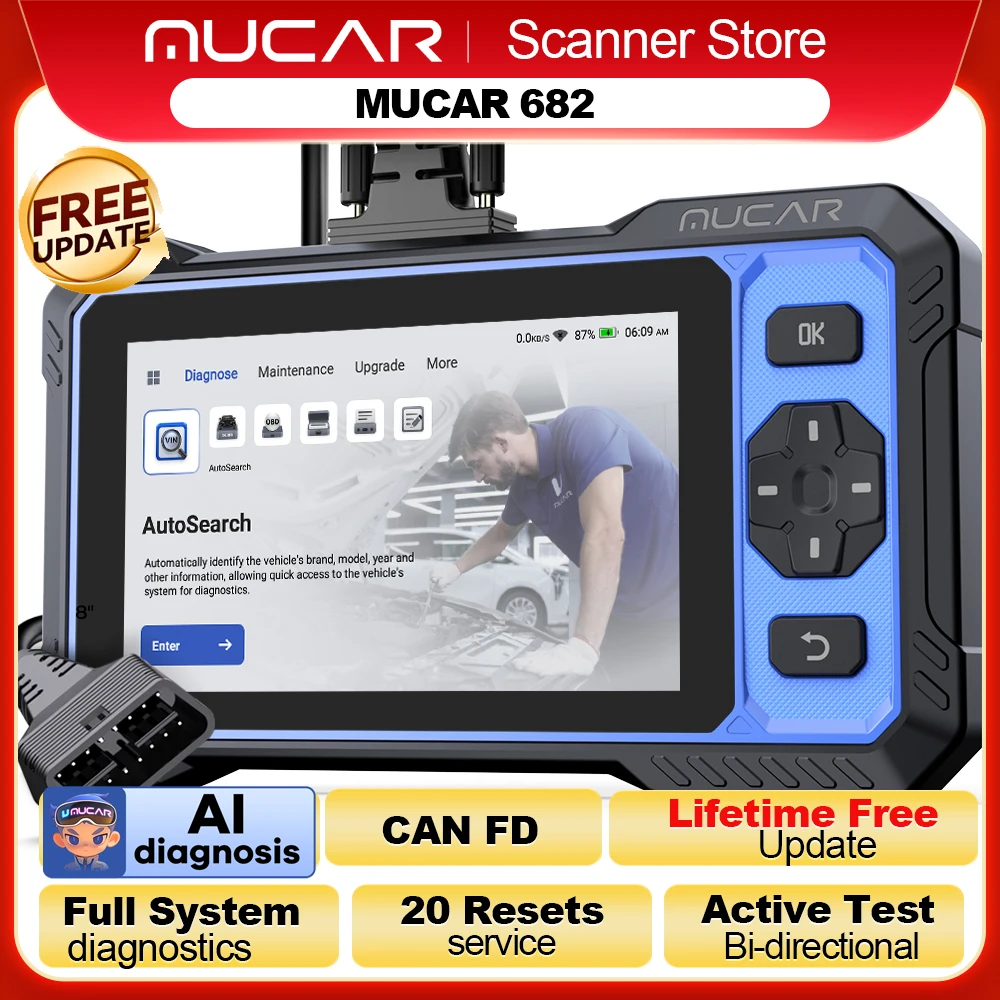 MUCAR 682 Scanner OBD2, outil de diagnostic assisté par l'IA, diagnostic de tous les systèmes au niveau OE, 20 fonctions de réinitialisation, bidirectionnel CAN FD, outil de diagnostic OBD2