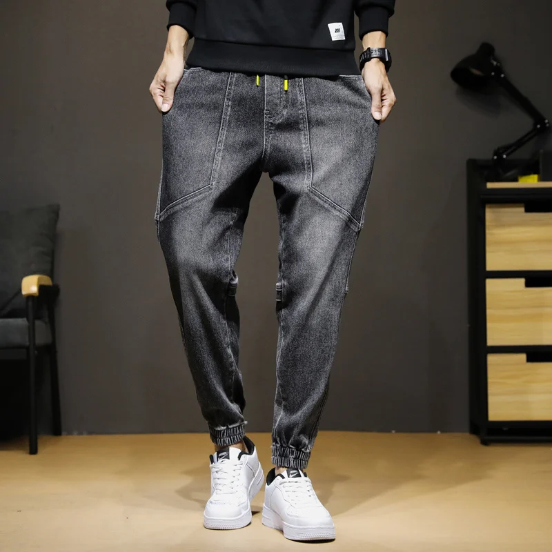 Men's Cotton Jeans Hip Hop Casual Elastic Waist Denim Pants Straight Jooger Streetwear Full Length Oversize M-5XL Trousers