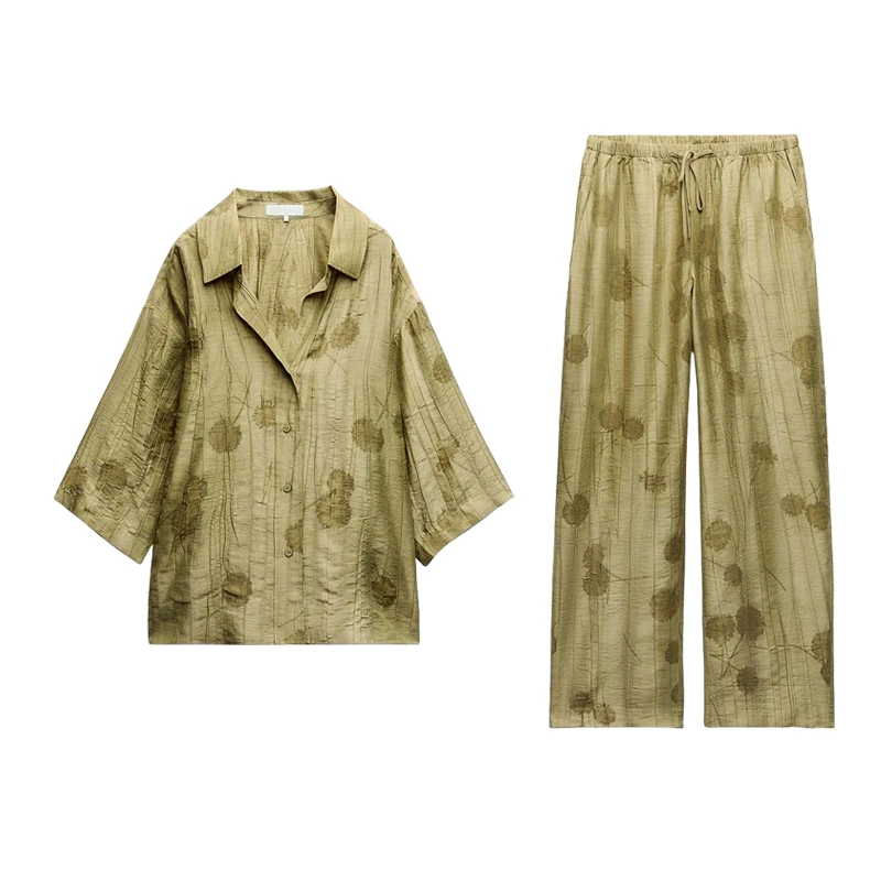 

Loose Fit Casual irt ort Sve Turn-down Collar High Waist Straight Leg Pants Faion Set for Women in Their 20s And 30s