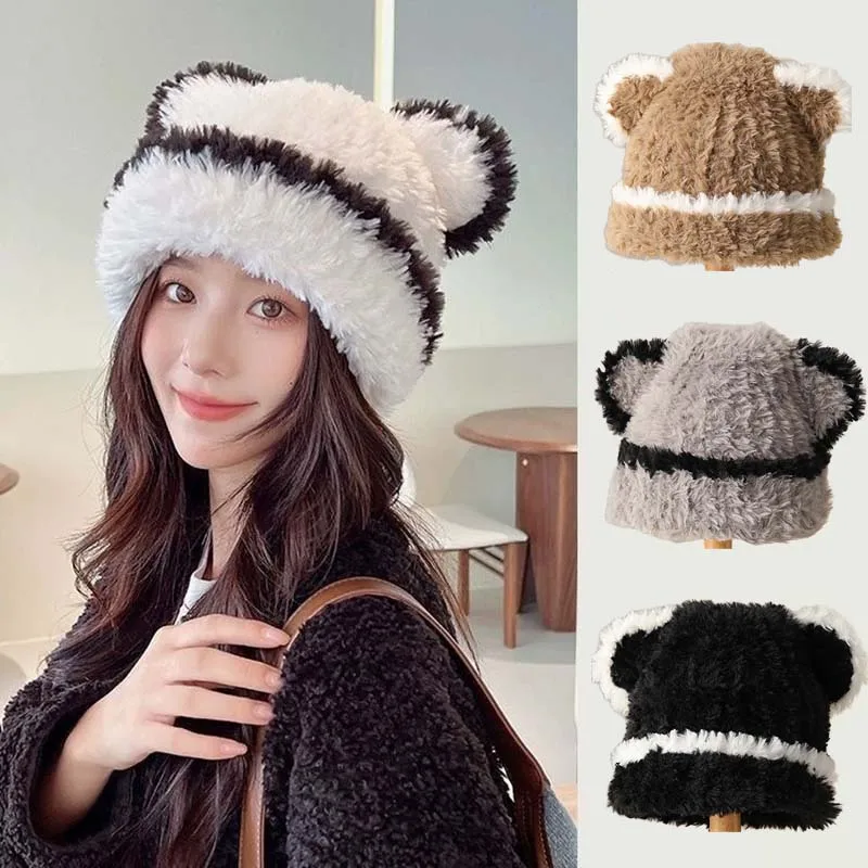 Hot Sale Female's Winter Thickened Warm Plush Hat Bear Ears Stripe Color Collision Knitted Cap Women's Outdoor Windproof Hats