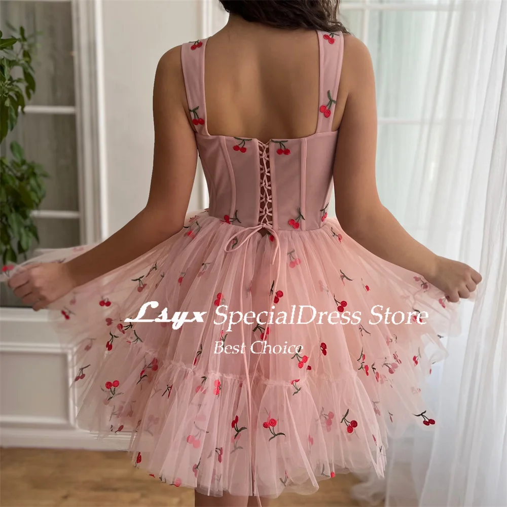 LSYX Cherry Lace Sleeveless Mini Length Homecoming Dresses 2024 Spaghetti Straps A Line Lace-up Prom Gown Above Knee