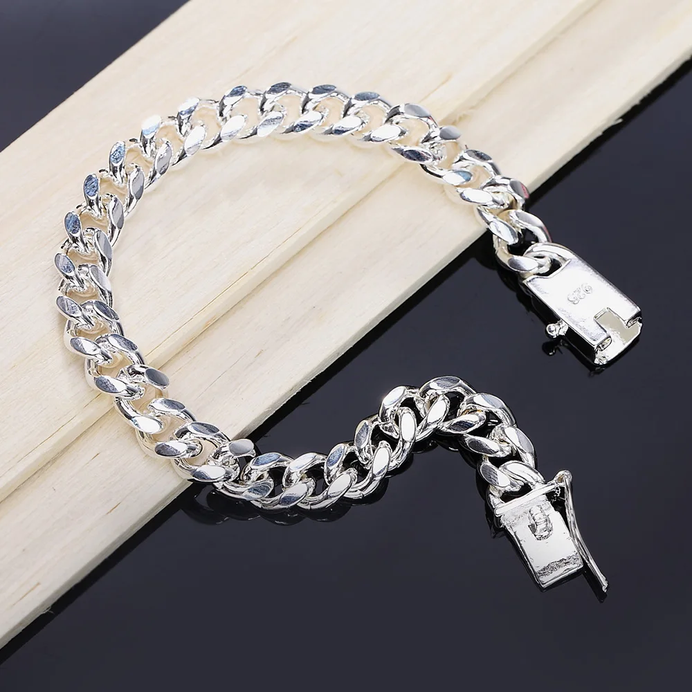 

Jewelry Charm Fashion Personality 925 Sterling Silver Men's Cuban Chain 10MM Square Buckle Side Solid Boys Bracelet Weight