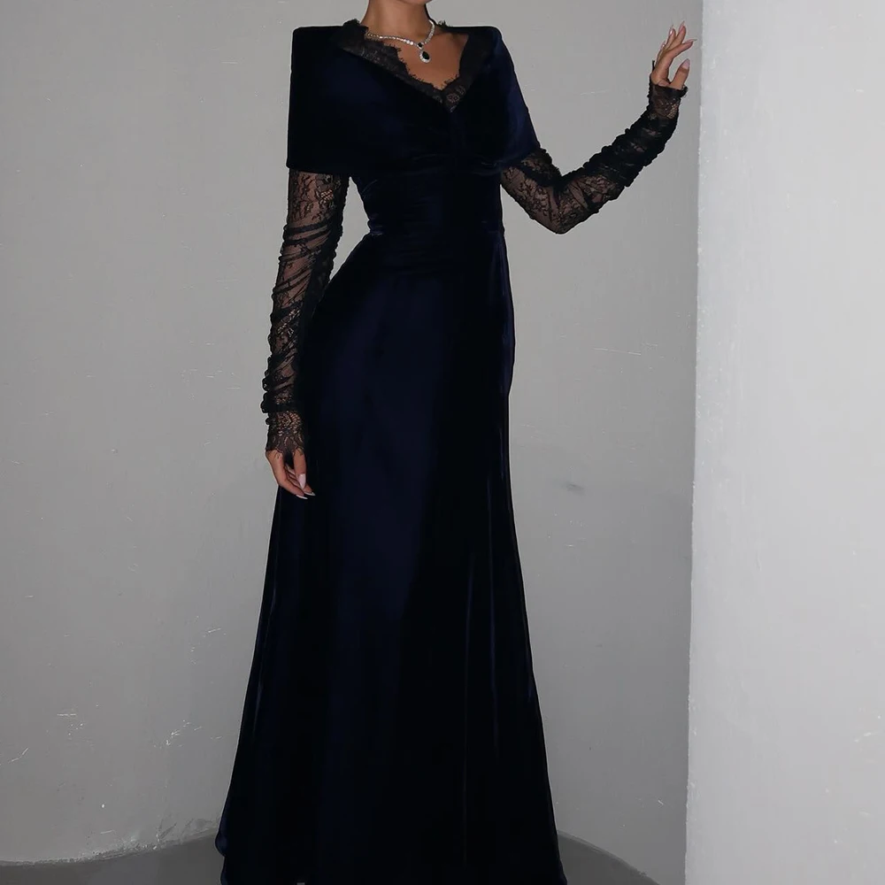 

Customized A-line Evening Dresses Floor-length V-neck Full Sleeve Prom Gown Fashion Lace Simple Draped Casual Party Gown