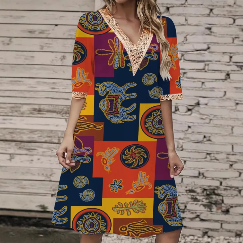 Retro Geometric Printed Lace Patchwork V-neck Pullover Dress For Women 2025 New Spring/summer Flower  Printed Dress Femme Robe
