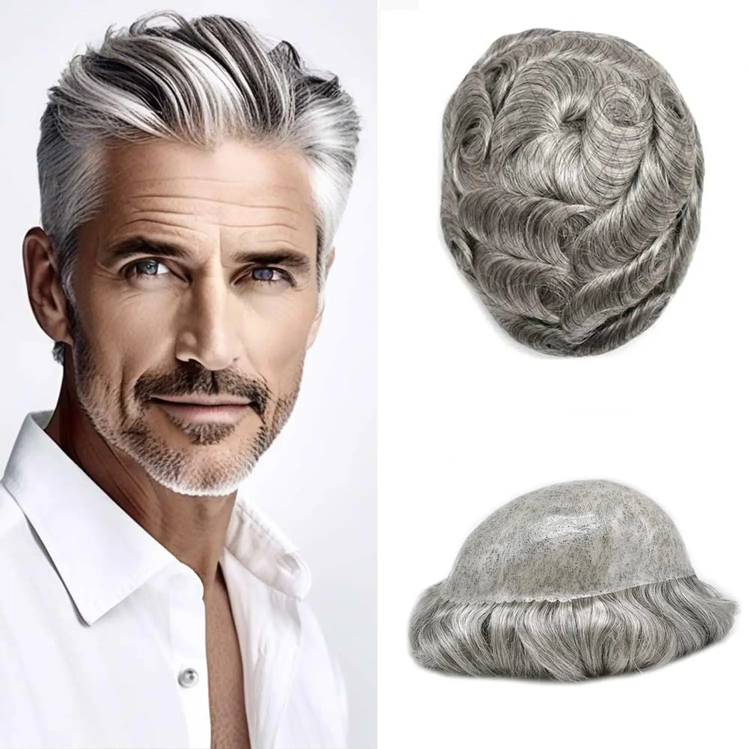 

Men Toupee Human Hair PU Thin Skin Hair System Glue-Free Adhesive for Bald Spot Coverage & Hair Loss