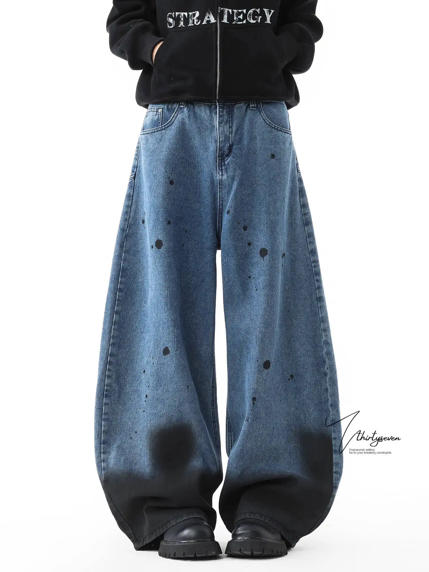 Unisex Jeans 2026 Spring Winter Street Style High Waisted Denim Pants Men's Washed Splatter Print Wide Leg Slimming Pants Women