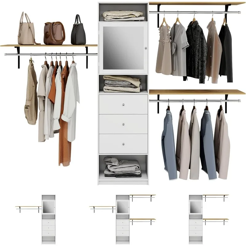 Closet System with Drawers, 8FT Closet Organizer System with Mirror Cabinet& 3 Shelving Towers, Built-In Clothes Garment Rack