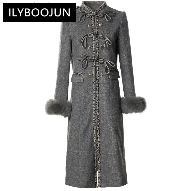 

ILYBOOJUN Fashion Designer Autumn Wool Tweed Coat Women Stand Collar Feathers Long Sleeves Vintage Dial Buckle Outerwear