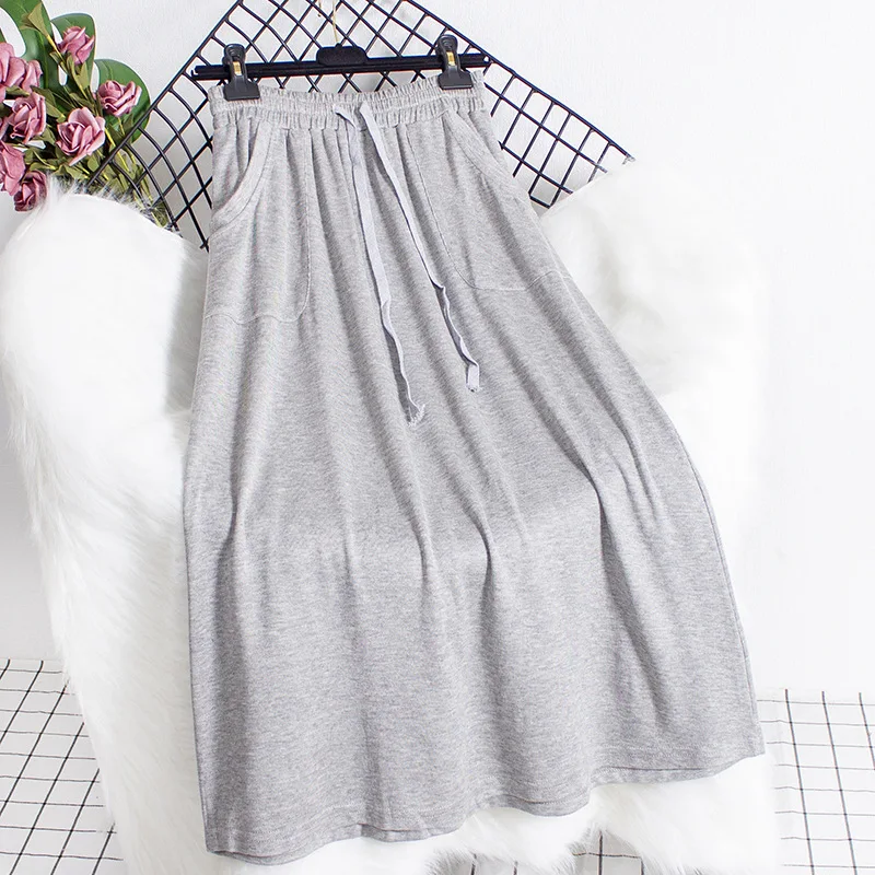 Grey Half Skirt for Women 2024 Autumn/Winter New Elastic Waist Slimming Leisure Sports Style Over Knee Long Skirt