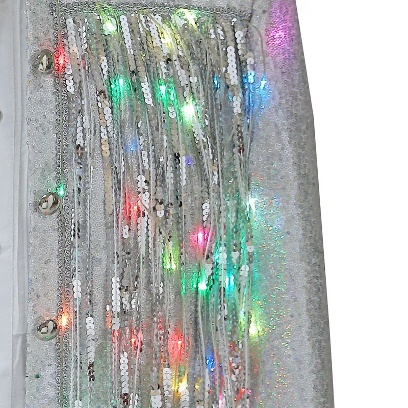 Stand Collar Men Silver Sequin Jacket With Colorful Lights Stage Performance Costume Tasseled Front DJ Coat