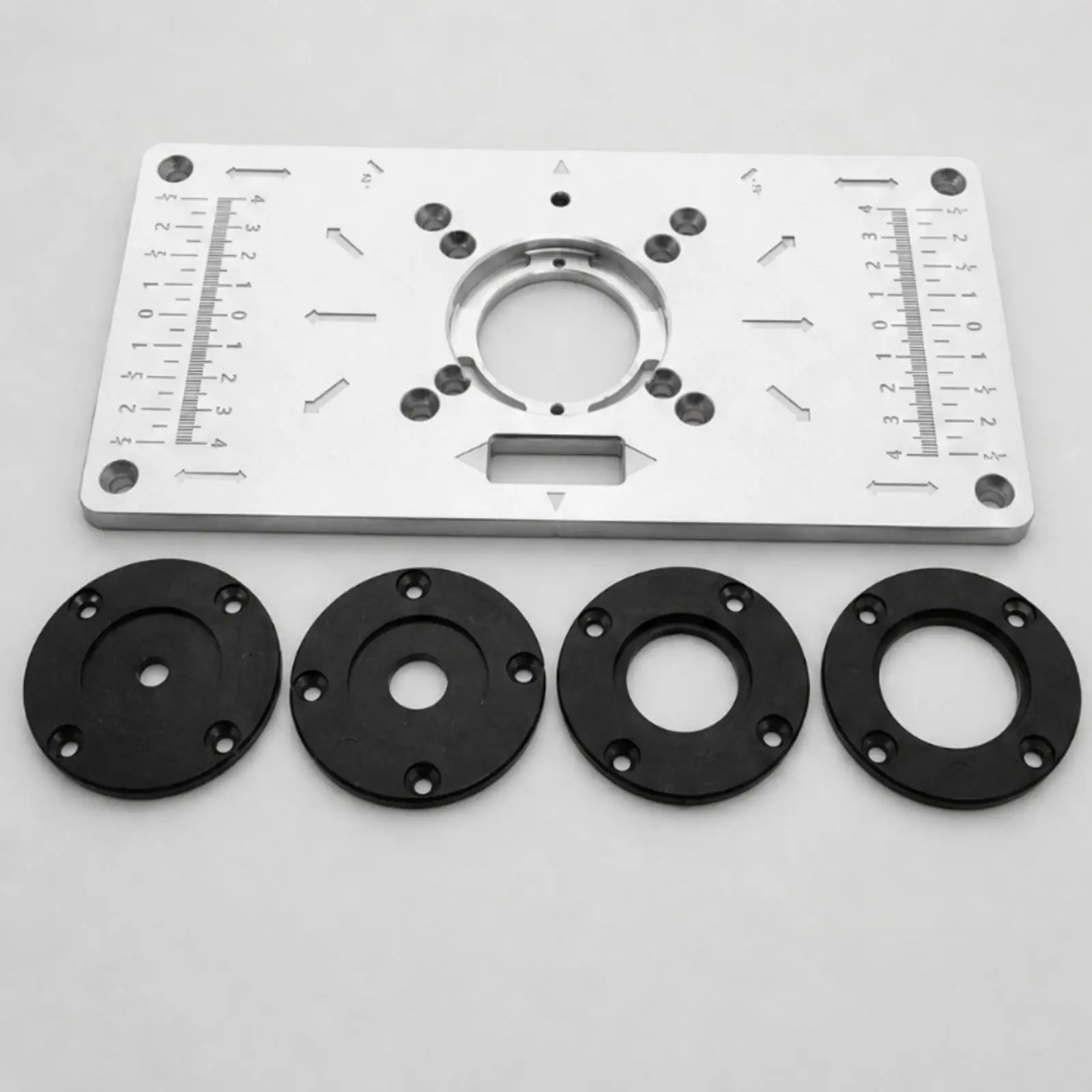 Low Profile Router Insert Plate with Directional Arrows for Stable Workshop Routing Tasks