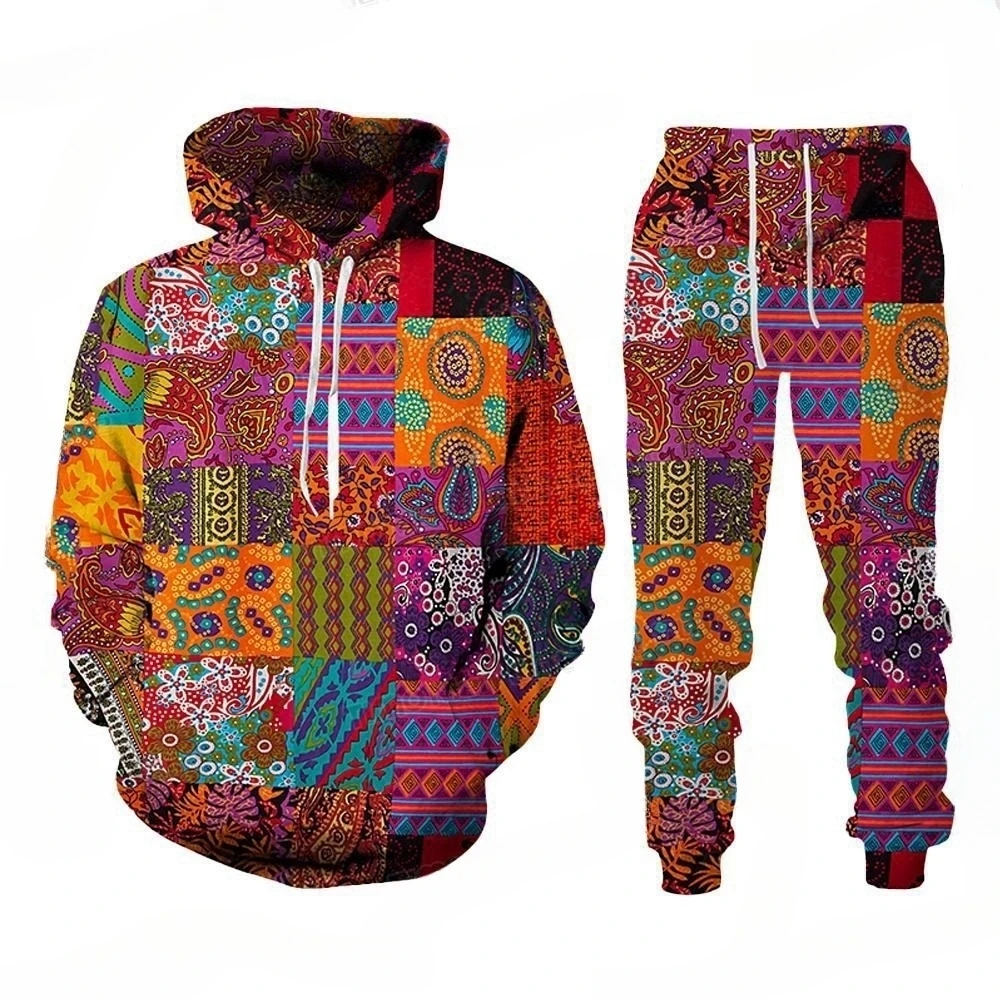 Autumn Winter Men Tracksuit Set Vintage African Style Totem Print Hoodie 2 Piece Man Oversized Casual Hooded Pullover Pants Suit