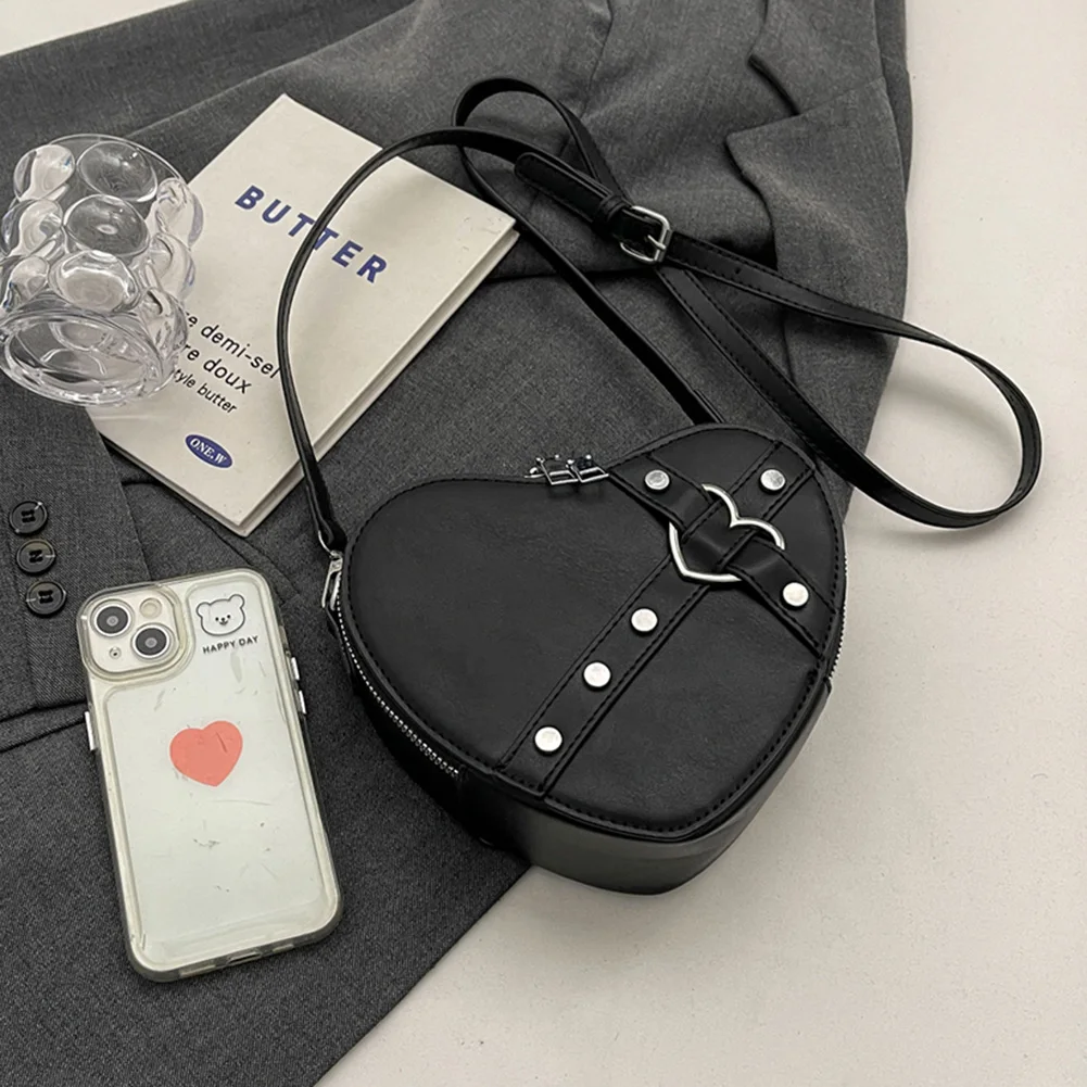 

Women Rivet Shoulder Bag PU Leather Small Heart Rivet Bag Solid Color Adjustable Strap Girls Dating Bag