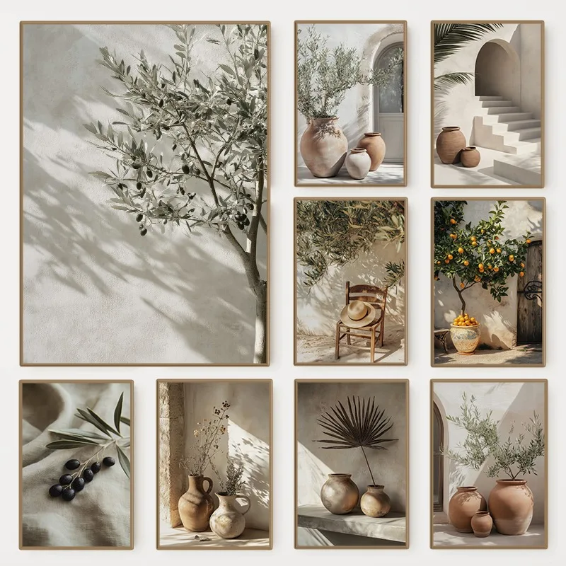 Minimalist Nature Botanical Olive Tree Pottery Poster Mediterranean Still Life Canvas Painting Wall Art Rustic Room Home Deco