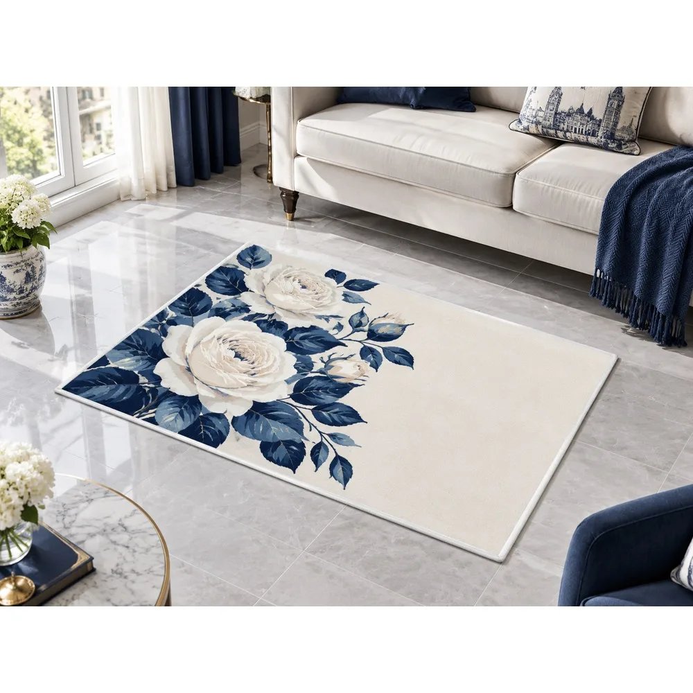 VIKAMA British Navy Cream English Rose Flannel Door Mat, Thickened Memory Foam Mat, UK Home Decor for Boot Room, Conservatory