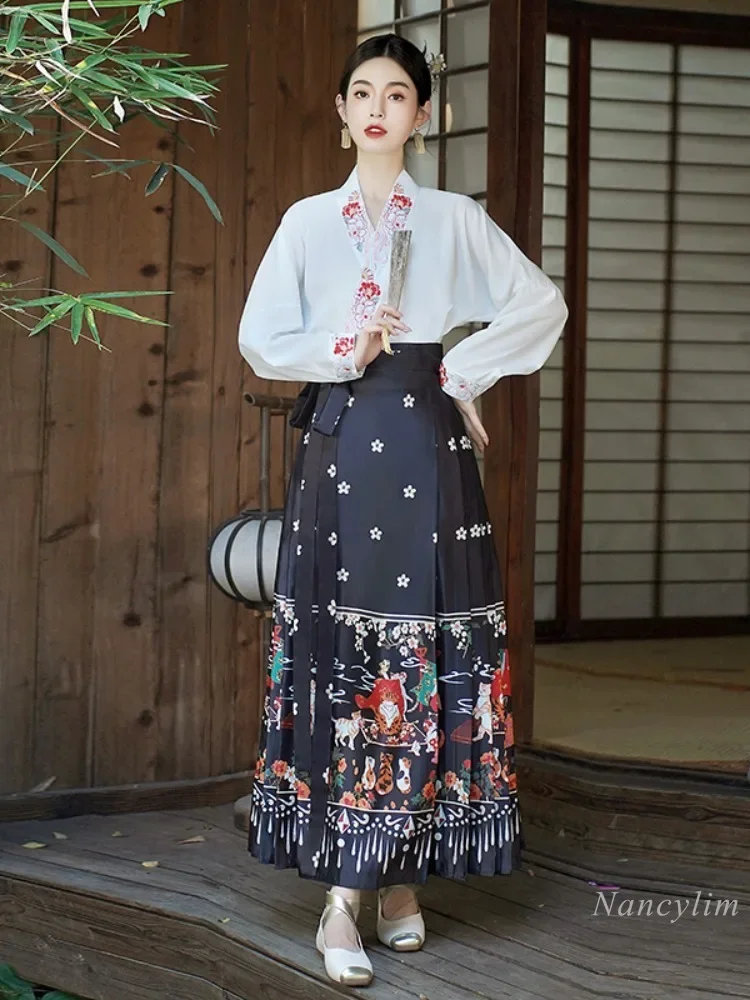 Nieuwe Chinese Top Met Paardenrok Pak Dames Lente En Herfst Nationale Stijl Dagelijks Kan Dragen Hanfu 2024 Nieuwe Dames Outfits