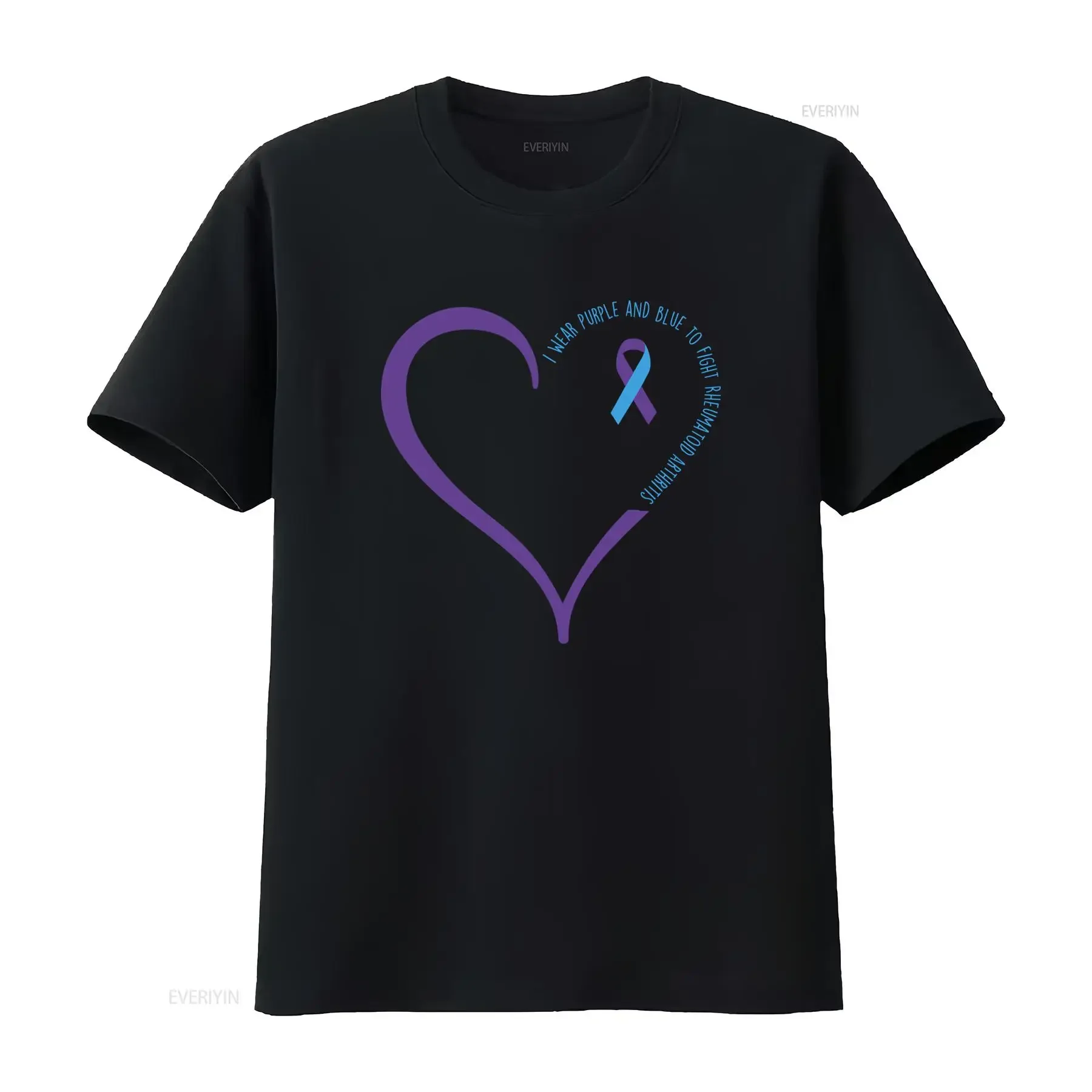 Rheumatoid Arthritis Awareness Purple Blue Ribbon Heart Print Casual T Shirt vintage Washed Slightly Unisex graphic fashion