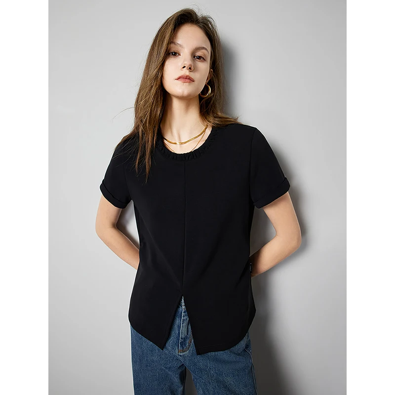 TOYOUTH Women T shirt 2024 Spring New Split Hem O Neck Slim Sexy Tees Diagonal Buckle Design Short Sleeve Tee Tops Black