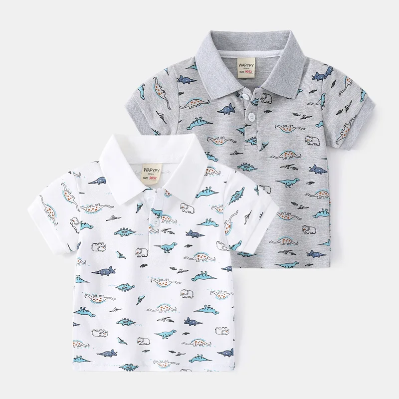 2024 New Summer Boys' Short Sleeve T-Shirt Kids Polo Shirt Mercerized Cotton Top Cartoon Dinosaur Print 2 Colors, for Ages 3-8