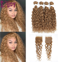 IJOY Water Wave Bundles With Closure Brazilian Human Hair With Closure Honey Blonde Human Hair Bundle With Lace Closure Remy