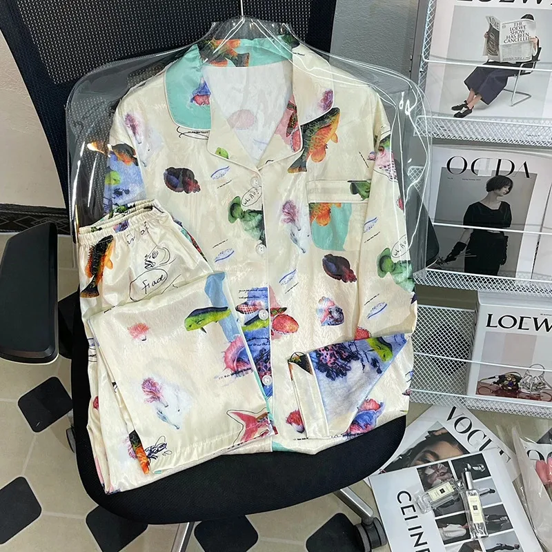 بيجامة نسائية حريرية بأكمام طويلة بيجامة بدلة زهرة مطبوعة عالية الجودة من الحرير الجليدي يمكن ارتداؤها خارج المنزل بيجامة