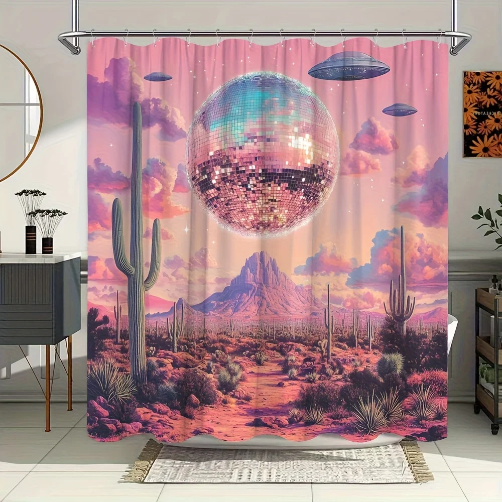 1pc Retro 70s Disco Shower Curtain - Pink & Purple Cactus, UFO, Disco Ball & 70s Psychedelic Sky Design, Quick-Dry with 12 Hooks