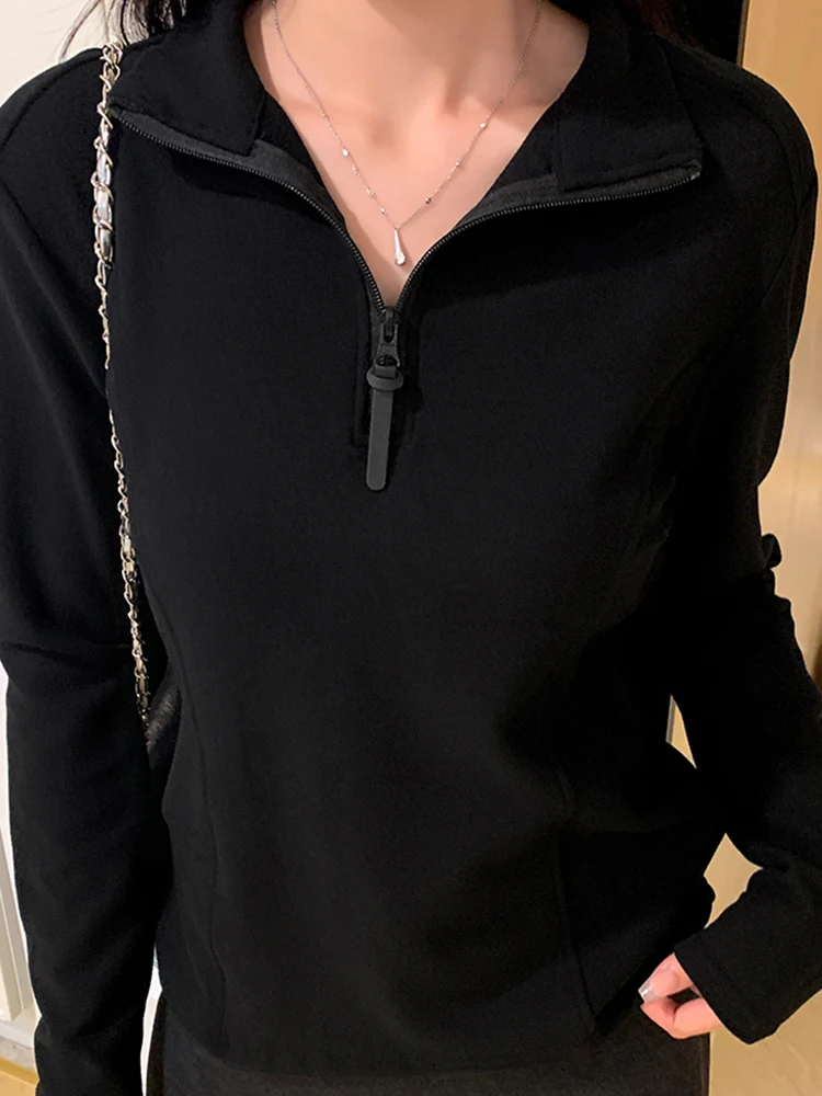 Camisa base feminina veludo alemão macio glutinoso meio zíper gola fosco veludo quente manga longa t camisa