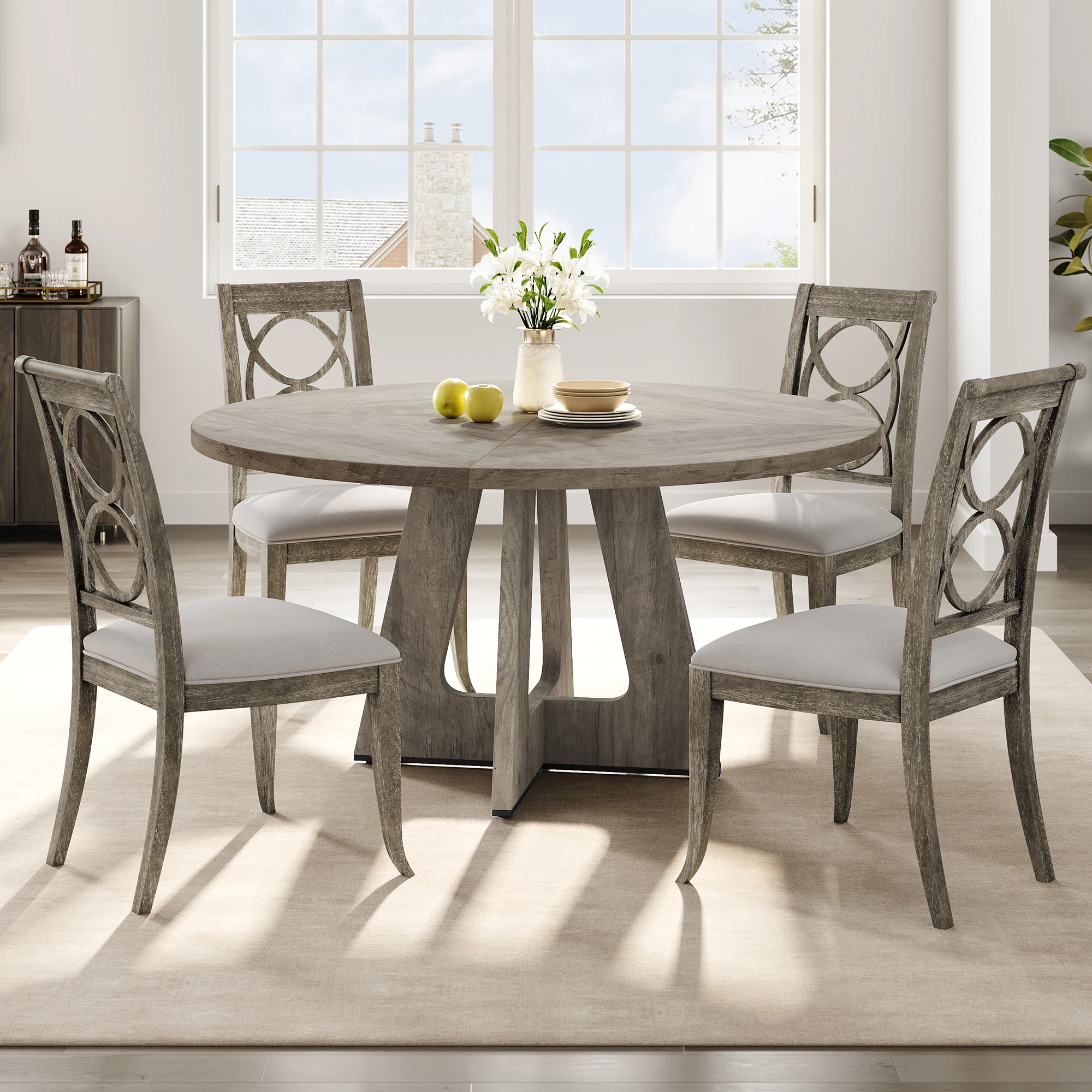 Tavolo da pranzo rotondo 120 cm (47 pollici) per 4-6 persone - Tavolo da cucina in stile country in MDF effetto legno - Base a colonna, salvaspazio -