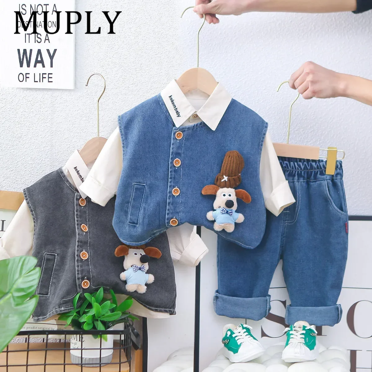 Spring Autumn Boys Outfit 3pcs Set Hat Included Long Sleeve 3D Printed Dog Vest Fashionable Casual Wear for Kids