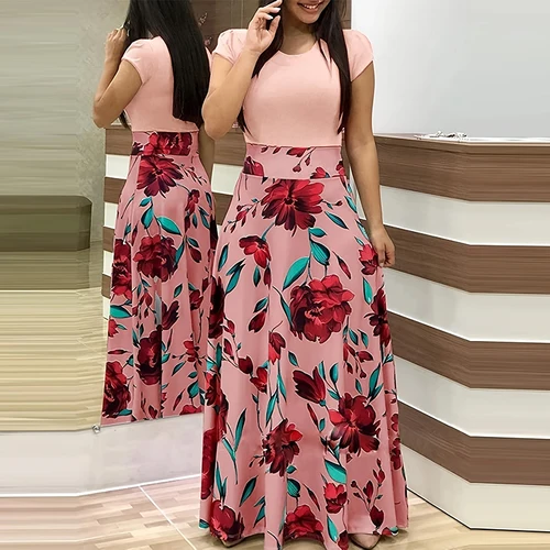 Vestido estampado con cuello redondo y empalme, vestido largo plisado elegante de manga corta con cintura delgada, ropa de mujer