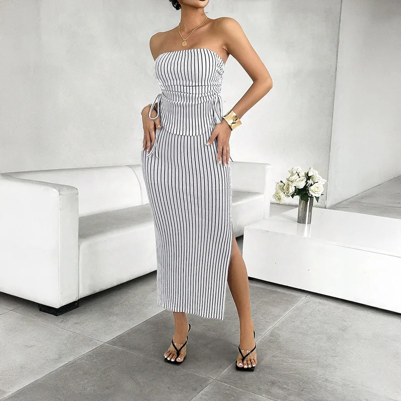 

2025 Summer New Sexy Backless Women Strapless Top Two-piece Set Fashion Striped Female Half Skirt Sets