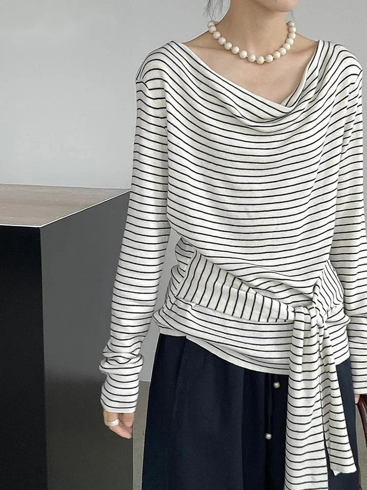 

Striped Bandage Thin Knitting Sweater Round Neck Long Sleeve Women Pullovers New Fashion Tide Spring Autumn