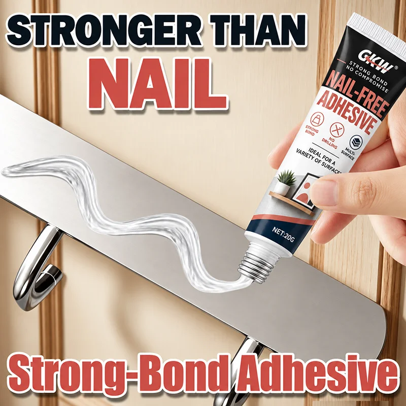 Strong No-Nail Adhesive, No Drill, No Damage, Fast-Dry, Strong Hold, Metal, Plastic, Ceramic, Glass, Wood, Hooks, Racks, Mirrors