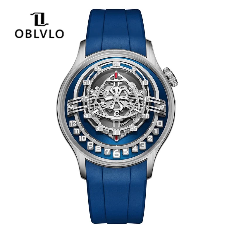 OBLVLO Original Design Mens Rotor Dial Automatic Mechanical Watch Rubber Strap Blue Glow Sapphire Glass Waterproof Sport Watches