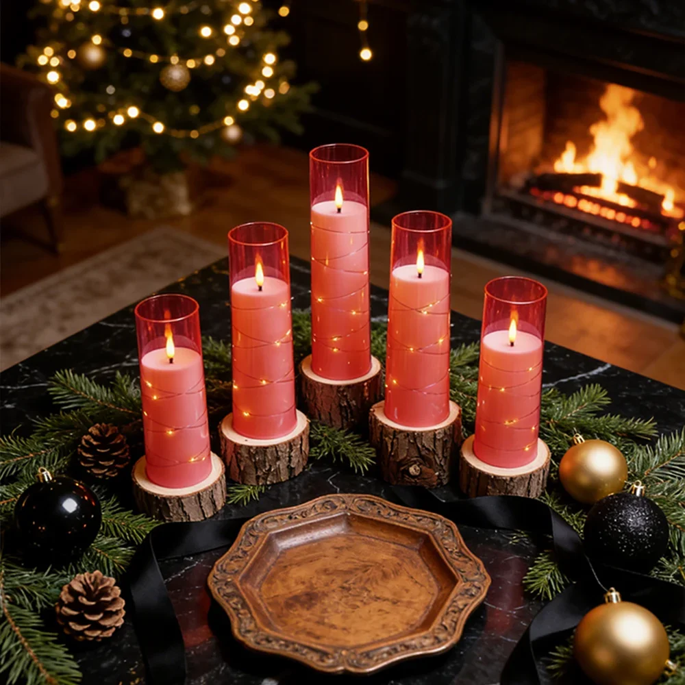 Pink 5PCS LED Flameless Candles with String Lights Timer Dimmable Acrylic Romantic Lights Valentines Day Baby Shower Girls Room