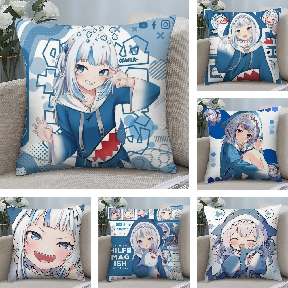 Funda de almohada bonita G-Gawr Gura, tela de felpa, funda de cojín de sofá con estampado suave de doble cara, fundas de almohada