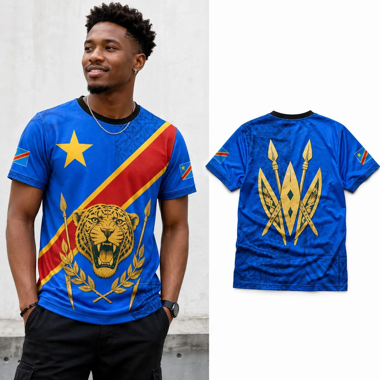 Mens DR Congo Crew Neck T Shirt Leopard Spear Flag Graphic Short Sleeve Casual Summer Pullover Top Streetwear For Men Urban Wear