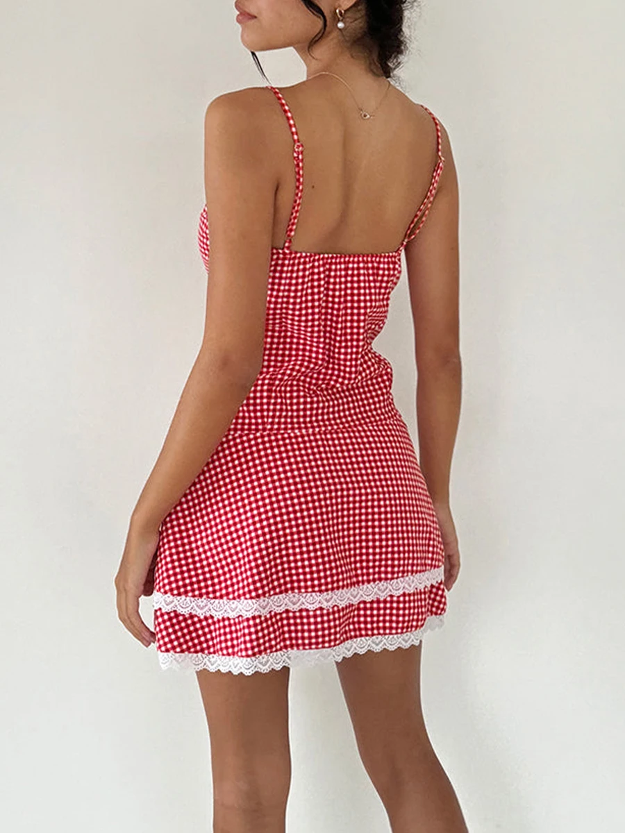 New Fashion Women Summer Mini Cami Dress Sleeveless Open Back Lace Trim Plaid Spaghetti Strap Dress Club Street Style S M L