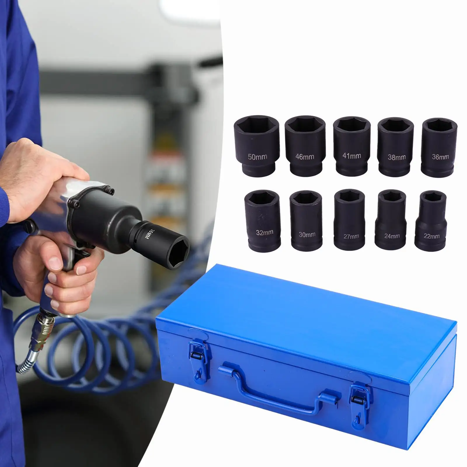 1 inch Drive Deep Impact Socket Set Steel Portable Storage Box Mechanical Equipment 10x Metric for Automotive Industrial Trucks