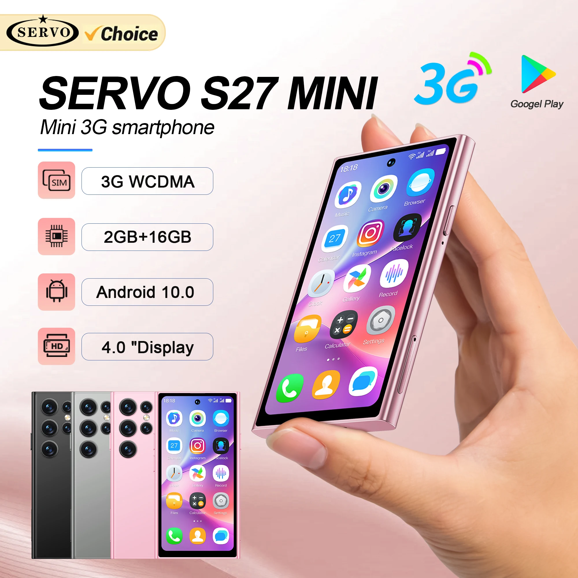 SERVO S27 미니 스마트폰, 안드로이드 10.0 WCDMA 3G 셀룰러 듀얼 SIM, 4.0 인치 디스플레이, GPS 2000mAh, 2 + 16GB 포켓 스마트폰 플레이 스토어
