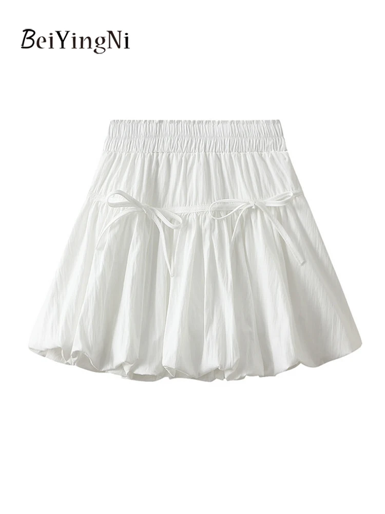 Beiyingni Women Mini Skirt Bow Tie Sexy Cute Korean Elastic Waist Tutu Bud A-line Skirts for Woman Summer Casual Slim Chic Jupes