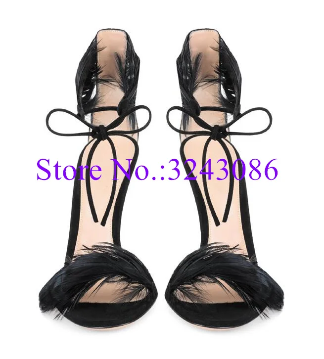 Sexy Black Feather Woman Sandals Fashion Peep Toe Lace-up Thin Heel Pumps Party Shoes Lady Popular Banquet Shoes High Heels