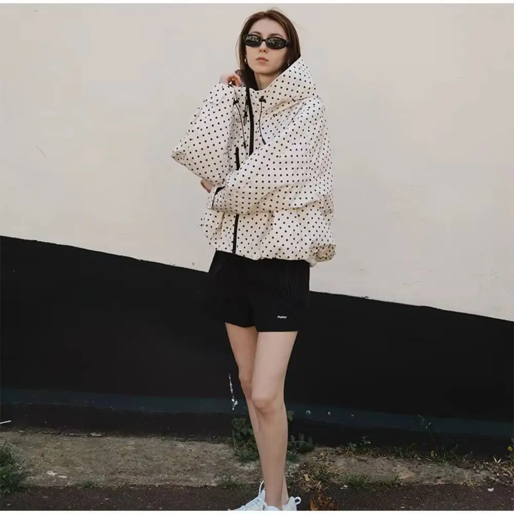 Polka Dot Hooded Windbreaker Jacket Water Resistant Full Zip Closure Lightweight Raincoat Loose Fit Wind Resistant