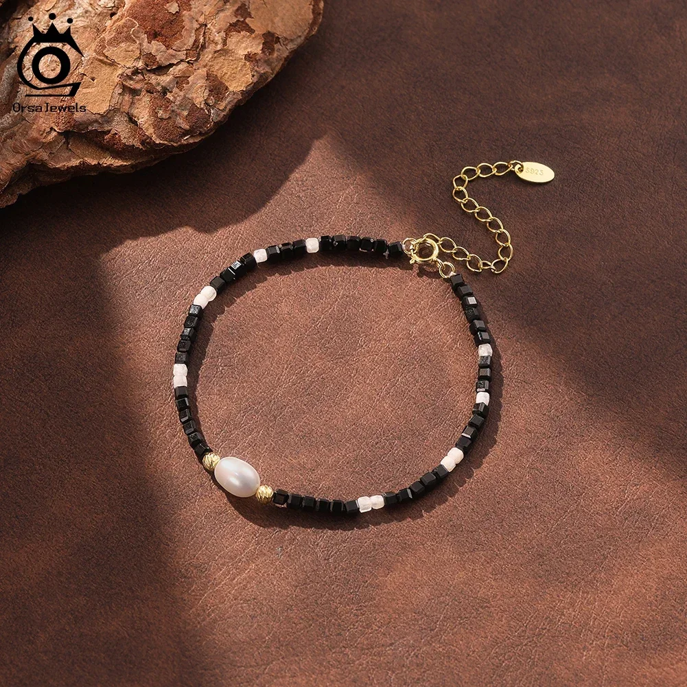 ORSA JEWELS S925 Silver Natural Black Stone Beads Bracelet for Women Fashion Baroque Pearl Chain Bracelet Gemstone Jewelry MPB21 view 3