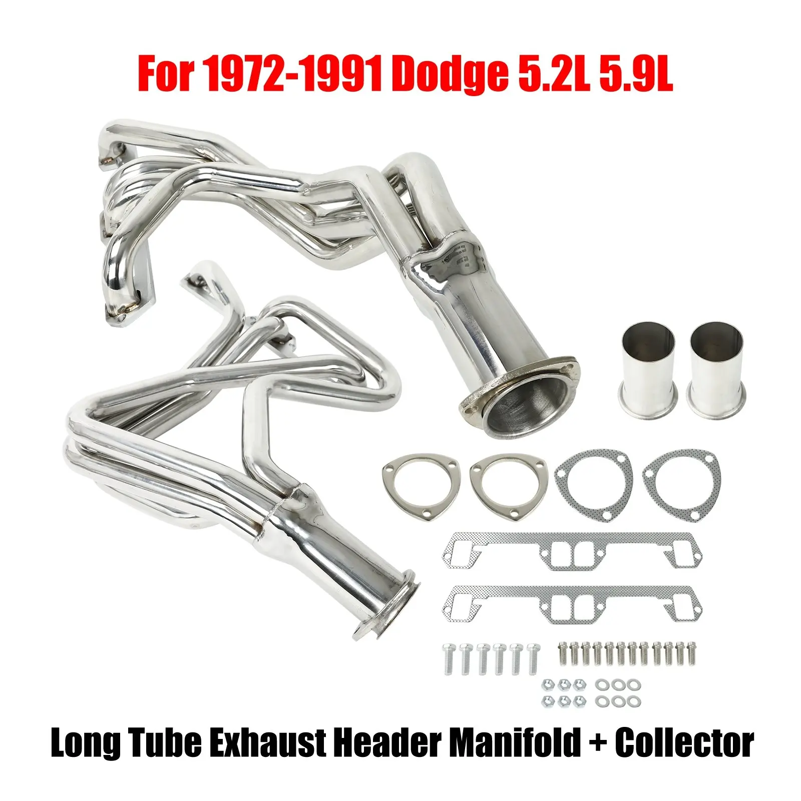 High Quality Pair 4-1 Long Tube Exhaust Header Manifold + Collector For 72-91 1972-1991 Dodge 5.2L 5.9L