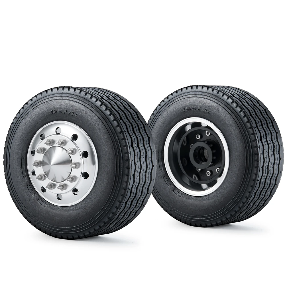 TRINOOD 2PCS Front Wheels Tires Hubs Set for 1/14 Tamiya Tractor Truck Trailer Engineering Long Vehicle Upgrade Parts