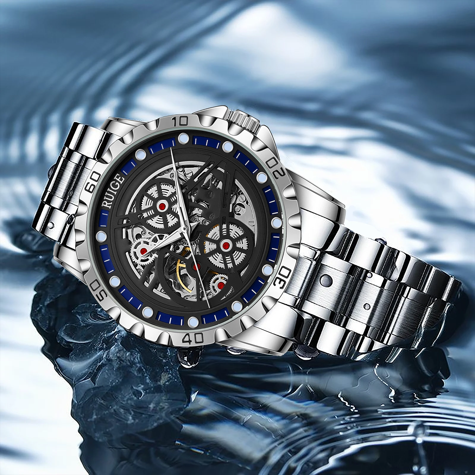 RUIGE 새로운 중공 남성용 완전 자동 기계식 시계 스테인레스 스틸 남성용 축광 방수 패션 트렌드 시계