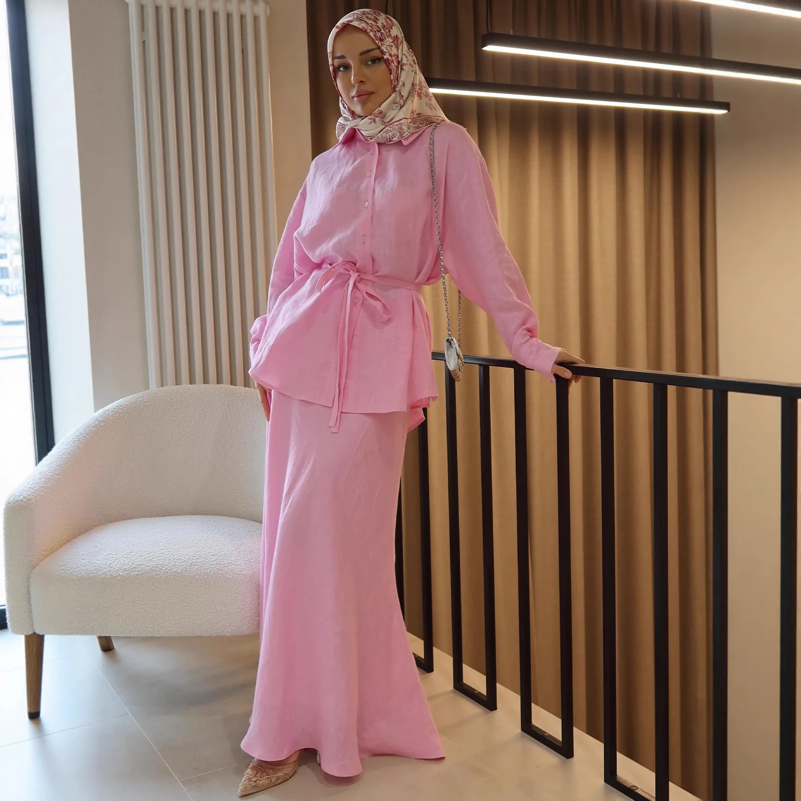 

Women Casual Two-piece Set Elegant Lapel Long Sleeved Bandage Shirt Solid Color Long Skirt 2026 Spring Autumn New
